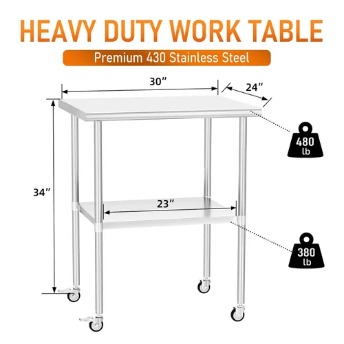Vista 2 de Mesa de acero inoxidable con ruedas de 24 x 30 pulgadas, mesa de trabajo utilitaria con estante inferior ajustable para cocina comercial, garaje