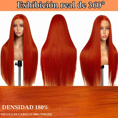 Vista 6 de PANDA ANGEL Peluca de encaje frontal de jengibre de cabello humano 13x4 lacio, naranja jengibre, frontal de encaje HD transparente sin pegamento