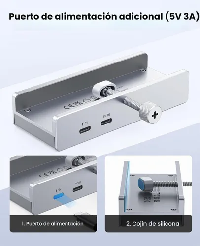 Vista 4 de ORICO Hub USB 3.0, Abrazadera USB Hub con puerto de alimentación adicional, 3 puertos de datos USB-A, puerto USB-C para monitores, escritorios