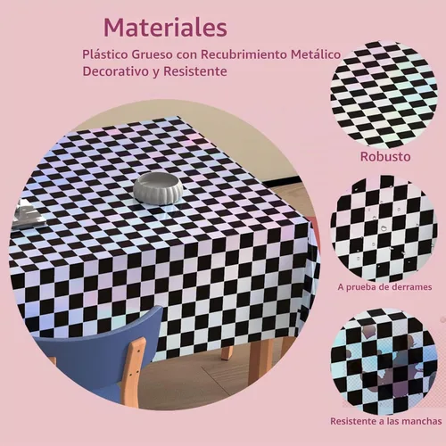 Vista 4 de Paquete de 4 manteles de plástico a cuadros desechables, manteles de papel de aluminio brillante para mesas rectangulares, decoraciones de fiesta