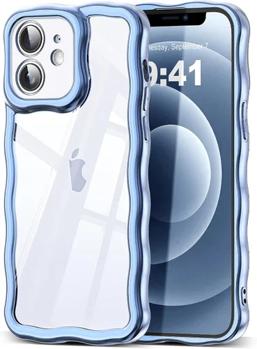 Vista 98 de SKYLMW Funda compatible con iPhone 12 Pro, diseño de ondas rizadas kawaii, borde chapado de lujo, elegante parte trasera transparente brillante, TPU
