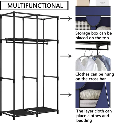 Vista 7 de Organizador de ropa portátil de 34 pulgadas con estantes de metal y tela no tejida, organizador de almacenamiento duradero para dormitorio