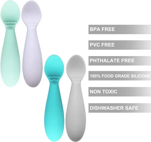 Vista 3 de PandaEar Cucharas para bebés sin BPA, paquete de 4, silicona suave, utensilio de mango de grasa de alimentación automática
