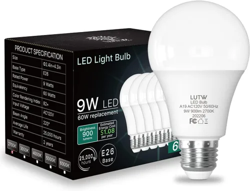 Vista 8 de Bombillas LED A19 E26, 60 W Eqv, 9 W, 2700 K, no regulables, paquete de 6 900 lúmenes, luz blanca cálida, ideal para iluminación de dormitorio