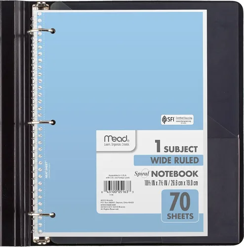 Vista 3 de Mead 930050-ECM - Cuaderno de espiral, paquete de 6, 1 materia, papel rayado ancho, 7-1/2 x 10-1/2 pulgadas, 70 hojas por cuaderno, colores pastel