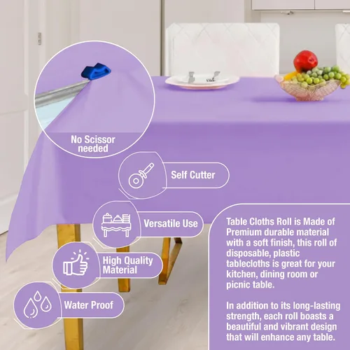Vista 3 de Rollo de mantel de plástico morado para fiestas, fundas desechables de 12 mesas rectangulares de picnic para bodas, aniversarios, cumpleaños