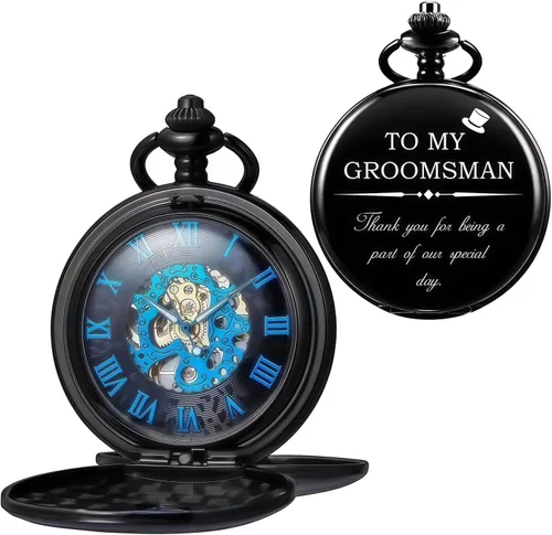Vista 10 de Relojes mecánicos de bolsillo con números romanos con esfera y cadena para hombre y mujer