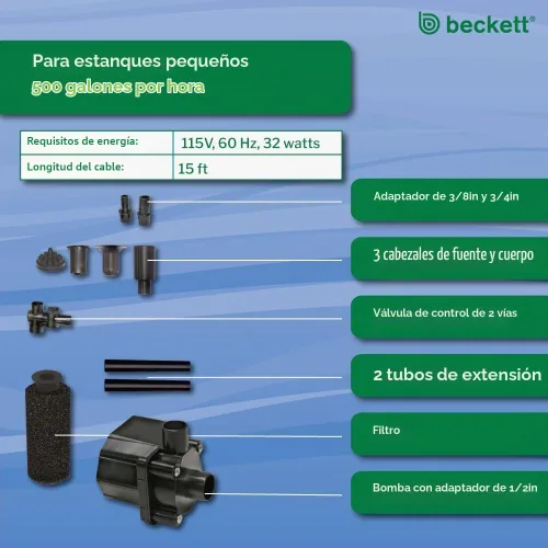 Vista 6 de Beckett FR500 500 GPH 38,4 vatios sumergible agua jardín estanque bomba conjunto