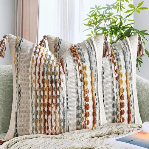 Vista 21 de AmHoo - Fundas de almohada de 18 x 18 pulgadas con borlas, fundas de almohada decorativas tejidas con textura de chenilla estilo boho para sofá