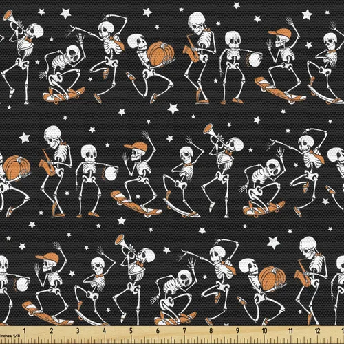 Vista 136 de Ambesonne The Yard, tela de calavera colorida con temática de Halloween, diseño de calavera y huesos cruzados, divertido estampado de dibujos