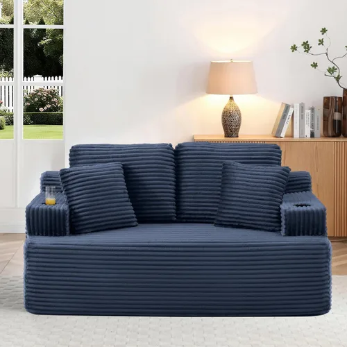 Vista 47 de Sofá sin hueso de 66.5 pulgadas con portavasos y bolsillos laterales, sofá biplaza tapizado de tela de pana moderna con 2 almohadas para sala