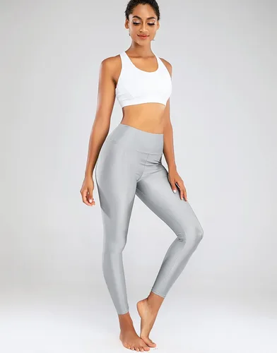 Vista 3 de Sghenr Pantalones de yoga de cintura alta para mujer, con control de abdomen, mallas deportivas brillantes para entrenamiento