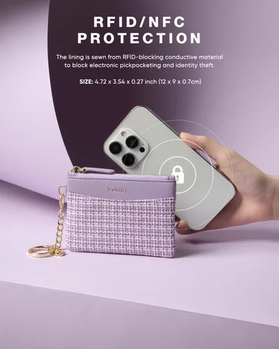 Vista 4 de Monedero delgado con llavero minimalista con cremallera bolsa de cambio billetera Rfid bloqueo tarjeta de crédito cartera, Púrpura, Minimalista