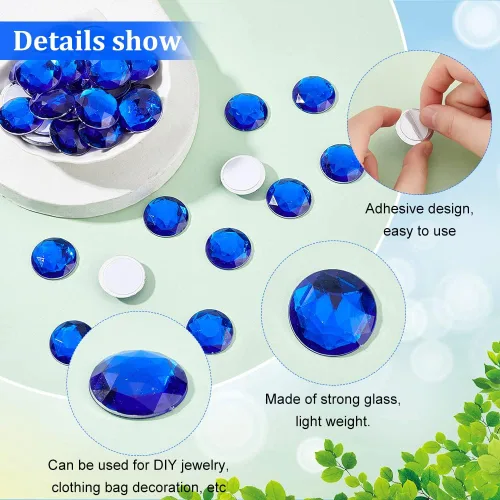 Vista 4 de FINGERINSPIRE 50 piezas de diamantes de imitación acrílicos redondos de 0.984 in con parte trasera plana de color azul, autoadhesivas, gemas