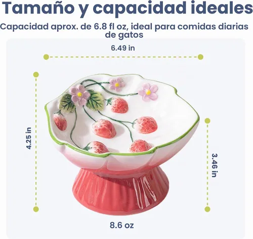 Vista 8 de Tazón elevado de comida para gatos con flores de fresa por PawsPik Rojo