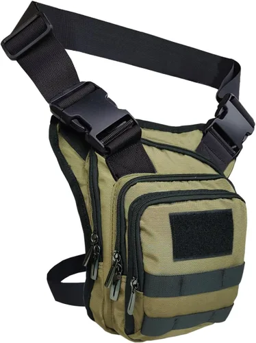Vista 10 de Bolsa Cangurera Larswon con Ajuste en Muslo y Cintura, Riñonera Táctica, Bolsa para Motocicleta Impermeable A- Verde Ejército