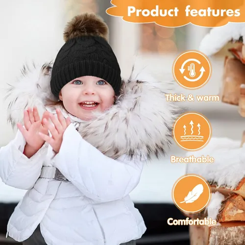 Vista 3 de Gorro de invierno para niñas pequeñas Zando, con pompones, gorras tejidas para bebés y niños