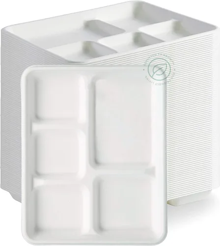 Vista 2 de [Estuche – Paquete de 500 unidades] Platos de papel 100% compostables con 5 compartimentos desechables – Bandeja de almuerzo escolar blanco natural