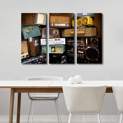 Vista 2 de TUMOVO Arte de pared de estilo retro, grupo de dispositivos electrónicos antiguos de radio, pinturas de imágenes, 3 piezas, lienzo, decoración