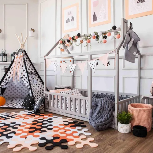 Vista 8 de Cama para niños pequeños con rieles, Cama en forma de casa, Cama Montessori con rieles, Cama para niños, Cama de casa, Cama de piso para niños, Cama