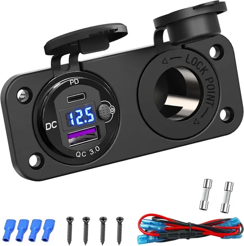 Vista 7 de Enchufe para Encendedor de Cigarrillos Qidoe Panel Divisor 12V 78W Salida USB 12V Doble USB C PD&QC3.0 Enchufe Cargador de Coche con Interruptor