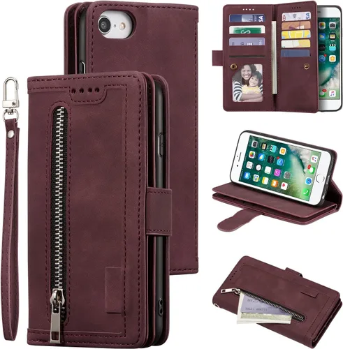 Vista 24 de UEEBAI Funda tipo cartera para iPhone SE 2022 5G/iPhone 7/iPhone 8/iPhone SE 2020, retro con 9 ranuras para tarjetas, bolsillo con cremallera, funda