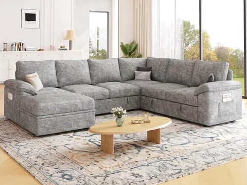 Vista 2 de Sofá modular de 108 pulgadas con cama extraíble, sofá modular en forma de U de 7 asientos con almacenamiento, sofás seccionales para sala de estar