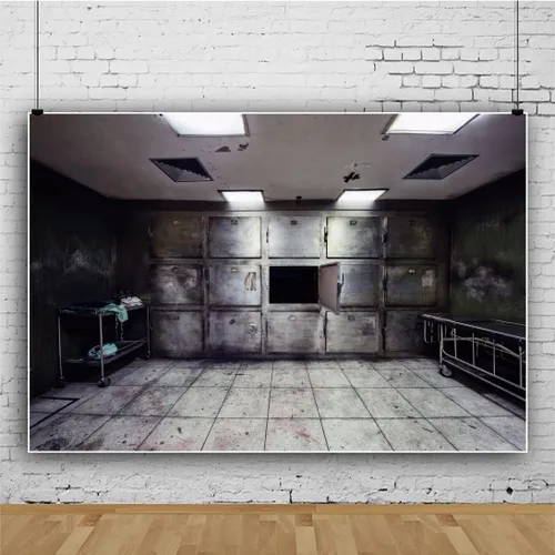 Vista 3 de YongFoto Telón de fondo de hospital abandonado de 5 x 3 pies Morgue Tajones jirones cama de operaciones piso de sangre Fondo de fotografía