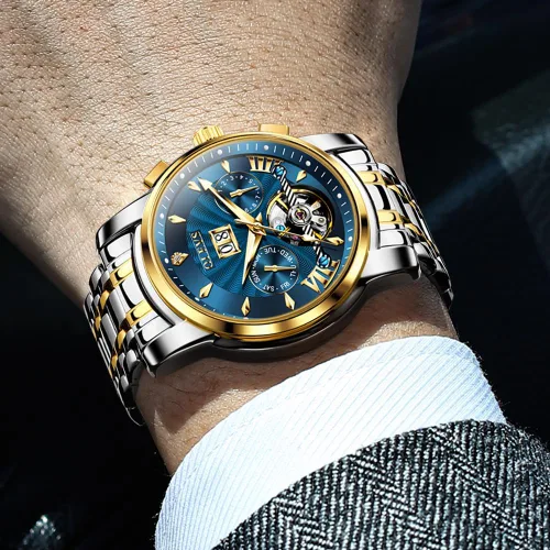 Vista 2 de OLEVS Relojes automáticos de acero inoxidable luminoso de lujo con esqueleto para hombre