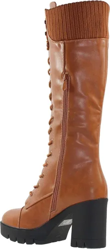 Vista 4 de Generation Y Botas de combate hasta la rodilla para mujer, con cordones, tacón grueso, cierre de cremallera