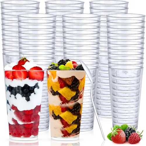 Vista 8 de Chengu Mini vasos de postre de plástico transparente de 3 onzas con cucharas, tazas redondas de postre para parfait, vasos de chupito de aperitivo