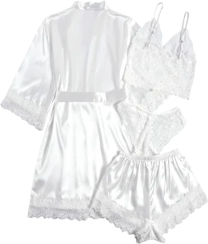 Vista 2 de WDIRARA - Conjunto de pijama de satén de seda para mujer, lencería de encaje floral, ropa de dormir con bata, 4 piezas
