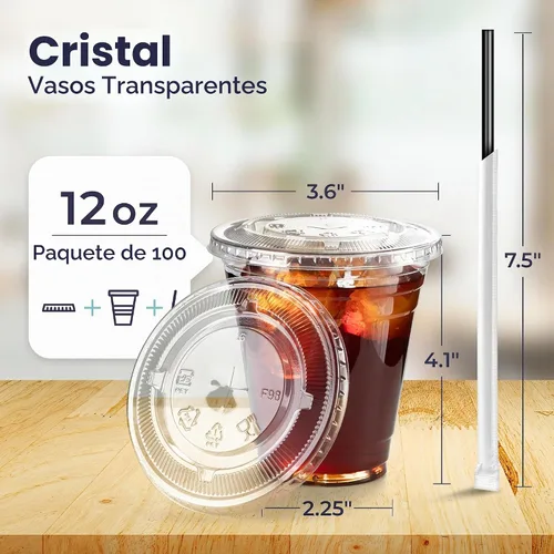 Vista 2 de Fit Meal Prep Paquete de 100 Vasos de Plástico para Café Helado de 12 oz con Tapas Planas y Pajitas Negras, Vaso Transparente Desechable, Vaso Libre
