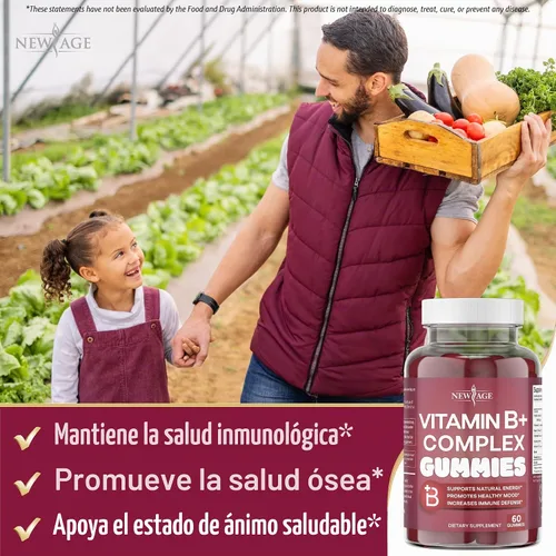 Vista 4 de NEW AGE - Gomitas de complejo de vitamina B con vitamina B3, B5, B6, B7, B9 y B12, con biotina, ácido fólico y vitamina C, sin gluten, veganas