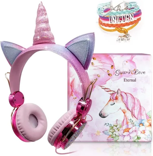 Vista 8 de TCJJ Unicorn - Auriculares con cable para niños con micrófono, conector de Azul