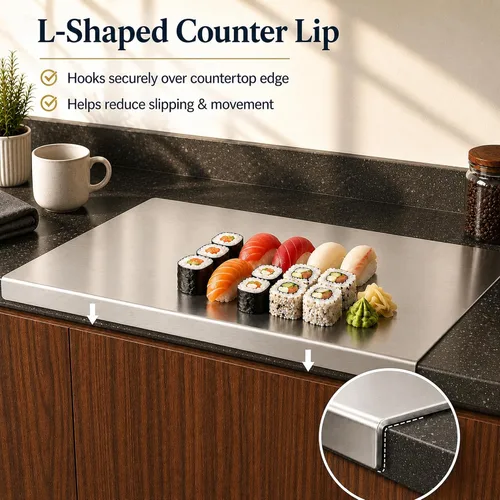 Vista 3 de Tabla de cortar de acero inoxidable con labio, tabla de cortar de metal en forma de L para cocina, tabla de cortar grande para carne, frutas