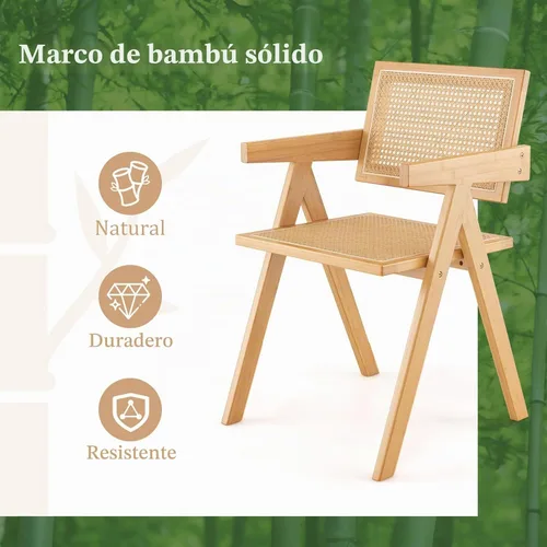 Vista 4 de Giantex Juego de 2 sillas de comedor de caña bohemia, carga máxima de 330 libras, sillas de comedor de madera, sillón de bambú para sala de estar