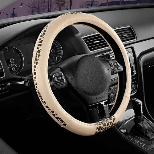 Vista 15 de Road Comforts Funda para volante, cubierta de volante de parte inferior plana hecha con piel de PVC y tela de leopardo, ajuste universal