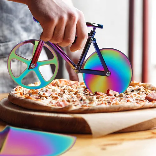 Vista 2 de Partim - Rueda cortadora de pizza con forma de bicicleta, de acero inoxidable, con pala y soporte para pizza, rueda de corte doble antiadherente