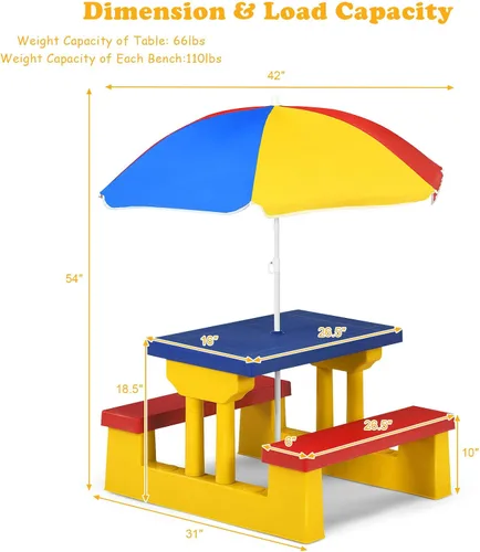 Vista 6 de Costzon Mesa de picnic para niños, mesa y banco para interiores y exteriores con paraguas extraíble, mesa de picnic portátil para niños pequeños