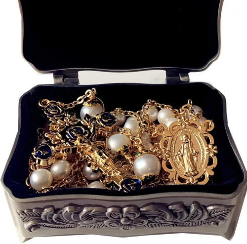 Vista 4 de elegantmedical Hecho a mano 18K chapado en oro de la escalera al cielo perla y perlas reales AAA10mm collar de crucifijo rosario católico, Perla