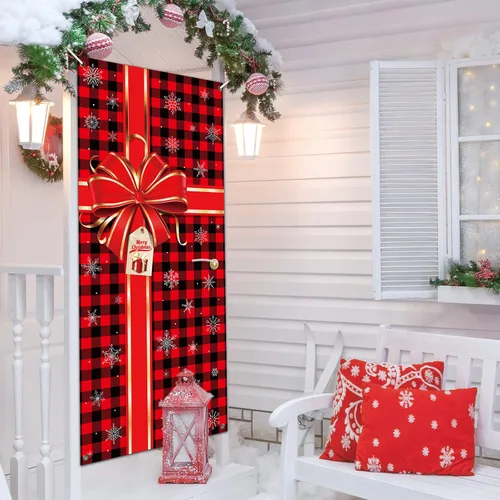 Vista 5 de Cartel de Navidad para puerta, decoración de Feliz Navidad, búfalo a cuadros rojos y negros, telón de fondo de caja de regalo de Navidad, lazo
