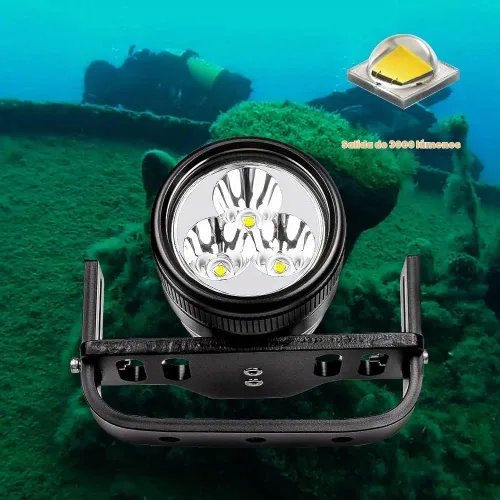 Vista 2 de WD70 - Luz de buceo con recipiente – Kit de linterna técnica de buceo ultra brillante de 3000 lúmenes con mango Goodman ajustable, 5 modos de luz