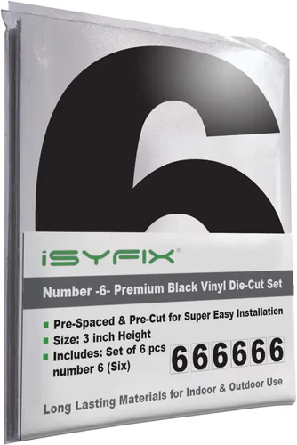 Vista 77 de iSYFIX Calcomanías de vinilo negro con el número 7 (siete), paquete de 6 calcomanías autoadhesivas de 7 pulgadas, calcomanías troqueladas y Negro