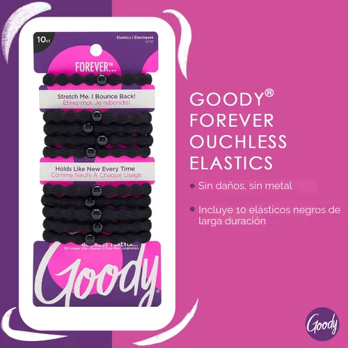 Vista 2 de Goody Ouchless Forever - Bandas elásticas para el cabello, 10 unidades, color negro, bandas sin daños, lazos elásticos 3 veces más fuertes