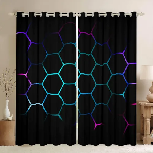 Vista 18 de Feelyou - Cortinas de ventana en forma de panal, tema geométrico hexagonal con luces de neón verdes, para chicos adolescentes y hombres, elegante