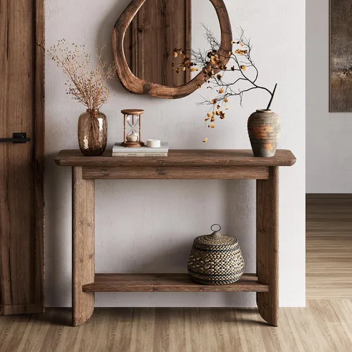 Vista 3 de LITTLE TREE Mesa de sofá de 41.3 pulgadas, mesa consola de madera maciza de 2 niveles para sala de estar, moderna mesa de sofá detrás del sofá, mesa