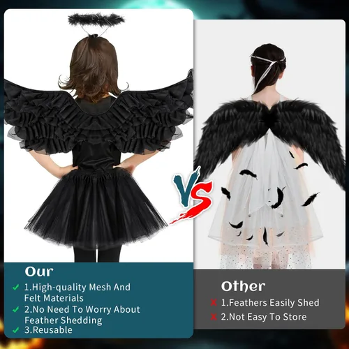 Vista 4 de Meetory Juego de 7 alas de ángel negras y halo, alas de ángel oscuras para niñas, incluye falda tutú de tul, varita, calcomanías de juego de rol