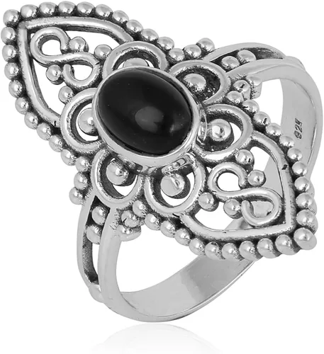 Vista 3 de Anillo ovalado de plata esterlina 925 con ónix negro y turquesa de 0.197 x 0.276 in, anillos de filigrana para mujer