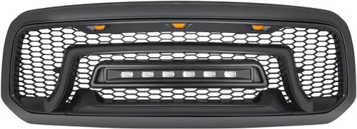 Vista 2 de Rejilla delantera compatible con Dodge Ram 1500 2013-2018, Ram 1500 Classic 2019-2023, parrilla de parachoques negra mate con luces todoterreno